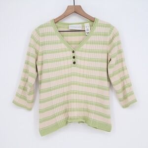 First Issue Sweater Womens Small Henley V-Neck Green Striped Ribbed Good